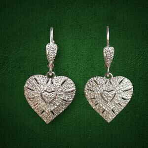 925 Sterling Silver EA Textured  Heart Drop Design Pair Of Earrings 4.1 g